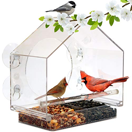 Nature Anywhere Window Bird House Feeder with Sliding Seed Holder and 4 Extra Strong Suction Cups. Large Outdoor Birdfeeders for Wild Birds. Birdhouse Shape.