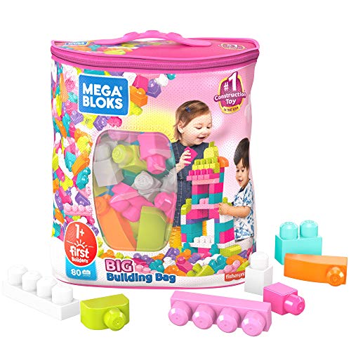 Mega Bloks First Builders Big Building Bag with Big Building Blocks, Building Toys for Toddlers (80 Pieces) - Pink Bag