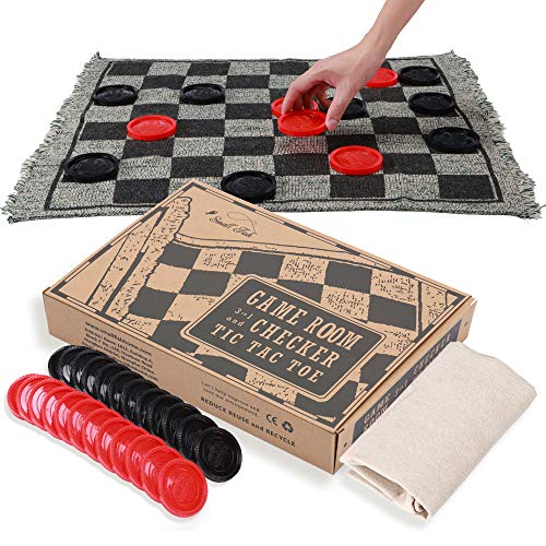 OleOletOy Super Tic Tac Toe and Giant Checkers Set Board Game with 24 Checker Pieces Reversible Rug, Classic Indoor and Outdoor Activity for Kids and Adults, Best for Camping, Backyard, or Lawn Game