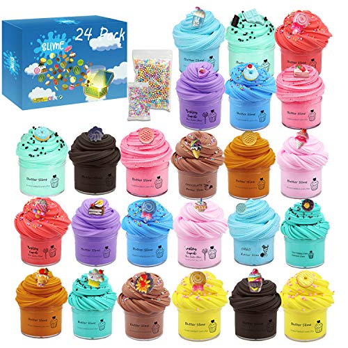24 Pack Mini can Slime, Butter Slime, Macaroon Colors Cake Donut and Fruit Slime， Stretchy and Non-Sticky, Stress Relief Toy for Girl and Boys