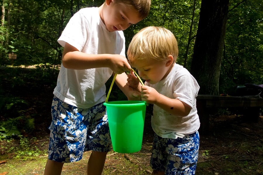 Two boys playing outside with bucket of water