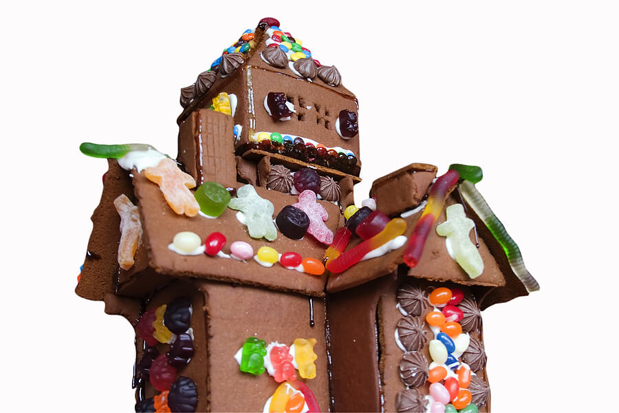 Halloween candy leftovers, gingbread house made with leftover candy