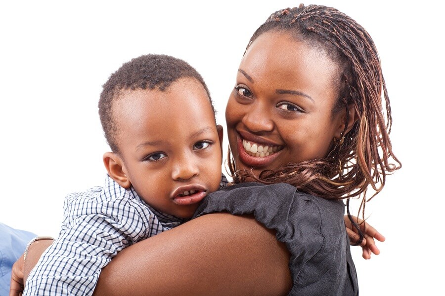 Happy mom and son hugging