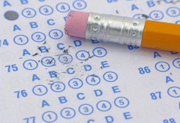 Close up of scantron sheet and pencil.