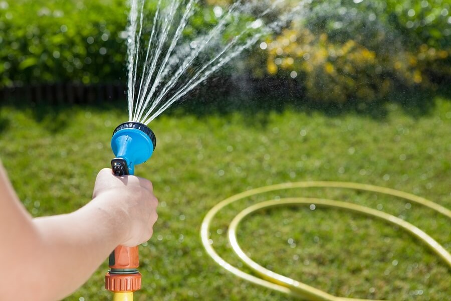 Woman holding garden hose watering the lawn
