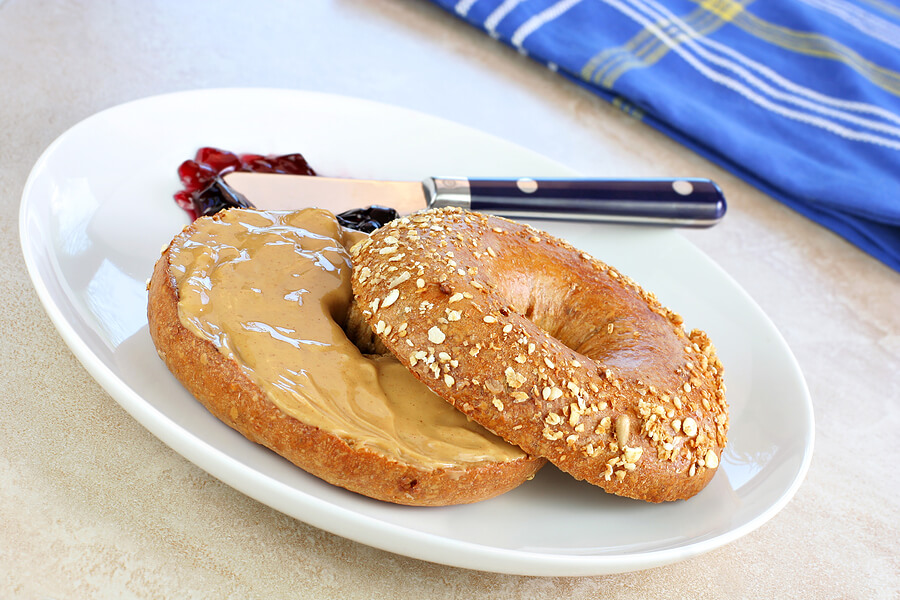Nut-free lunch ideas, bagel and soy nut butter sandwich as peanut butter alternative