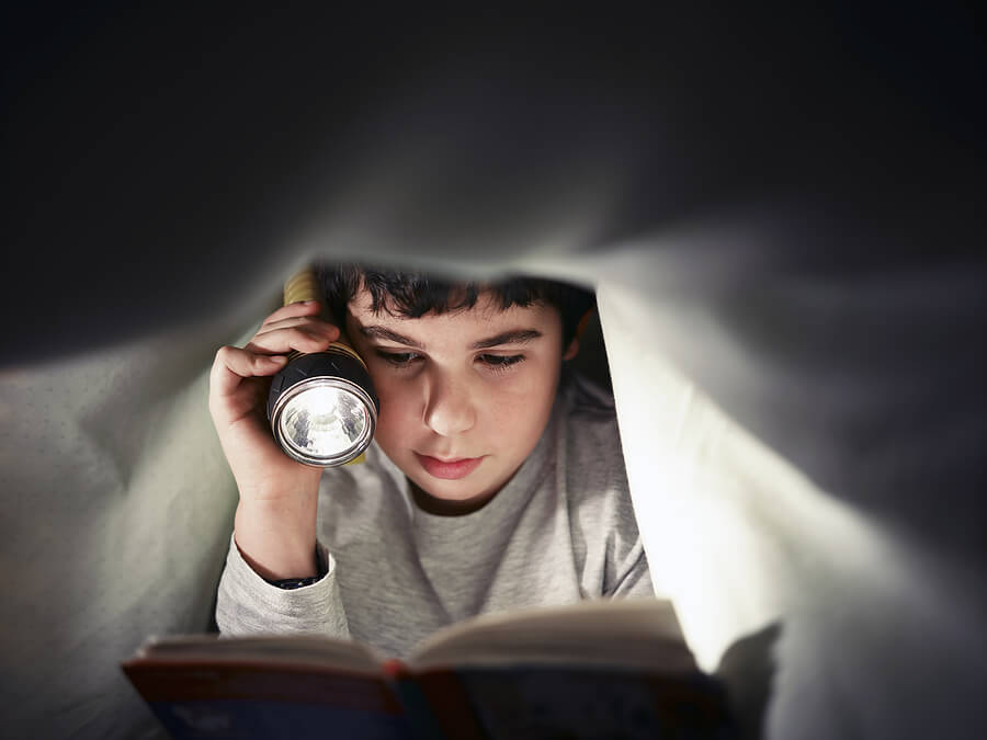 Summer camp essentials, boy reading with flashlight