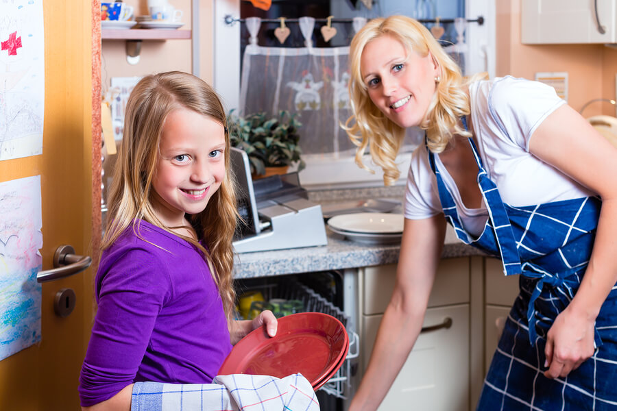 time saver, mother and child wash dishes