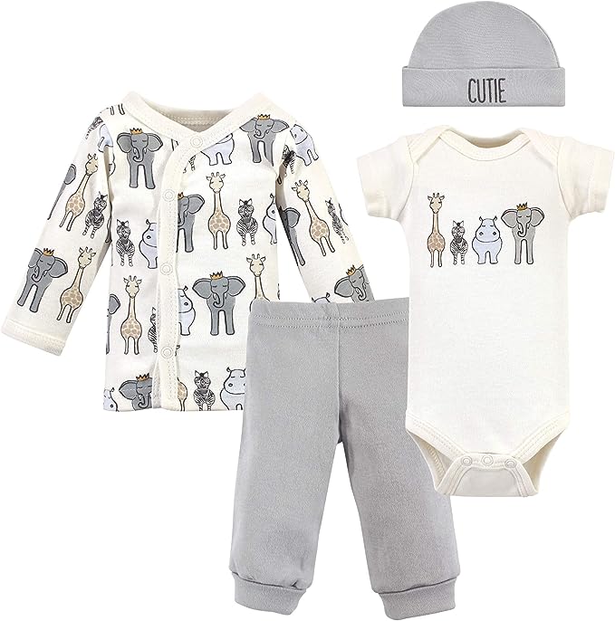 This adorable 4-piece set is perfect for preemies and has a body suit, pants, long-sleeve shirt, and hat.