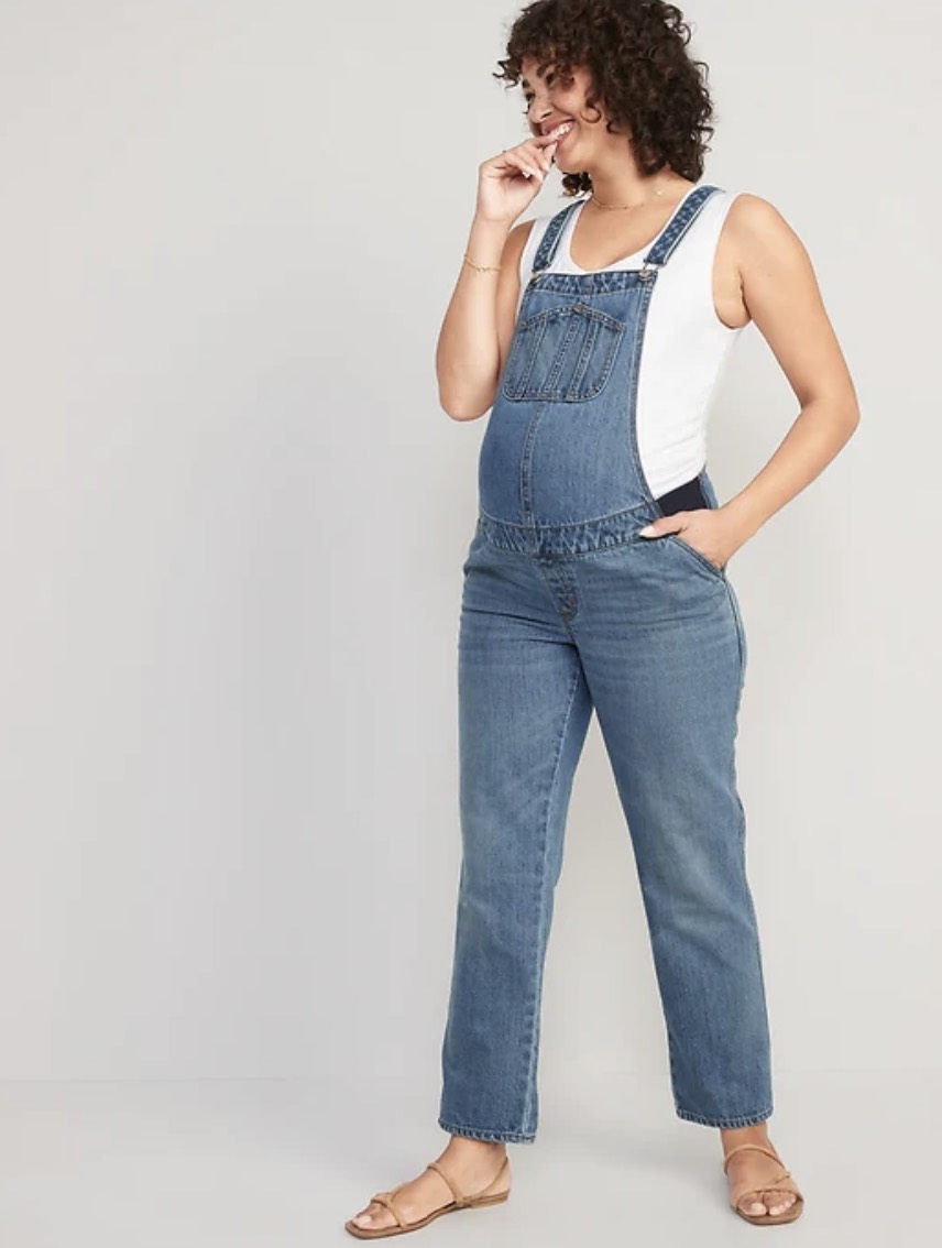 Maternity Side-Panel Slouchy Straight Jean Overalls from Old Navy
