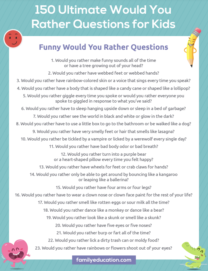 List of 150 would you rather questions for kids