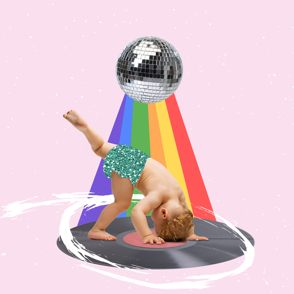 Contemporary art collage of little boy, child dancing under disco ball with rainbow light isolated over pink background. Concept of childhood, adulthood, game, imagination, youth, family, fun and ad