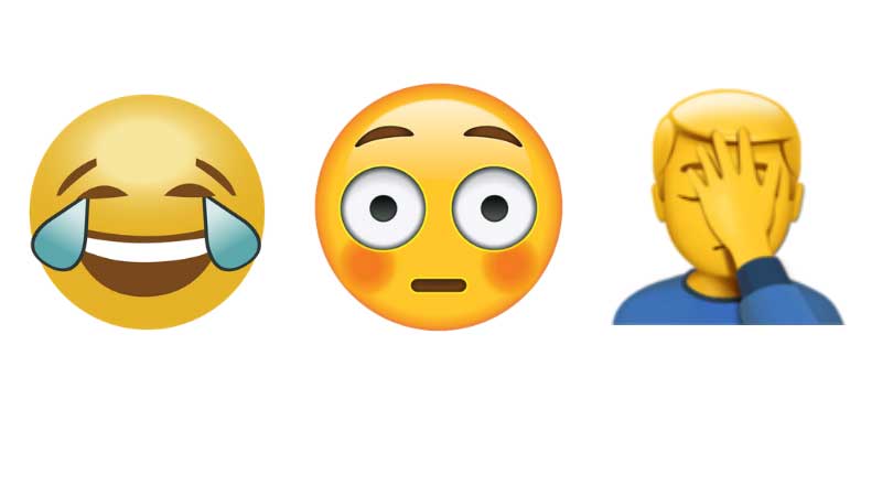 crying laughing emoji, flushed face emoji, facepalm emoji
