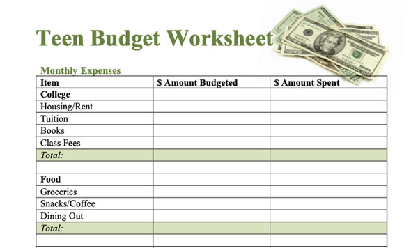 teen budget worksheet snippet