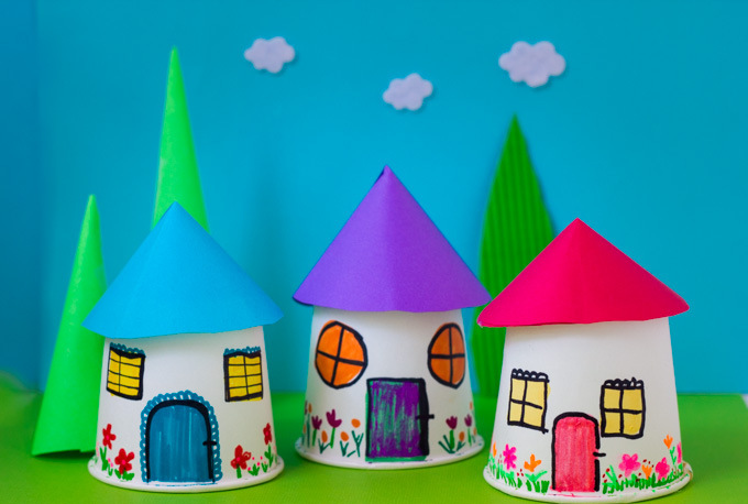 Paper cup houses crafts for kindergartners