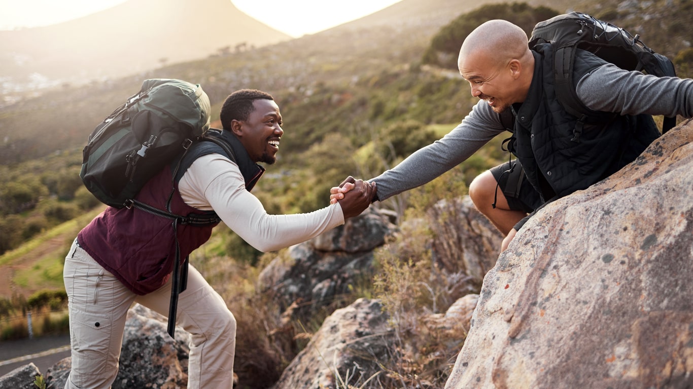 Dad friends go hiking together