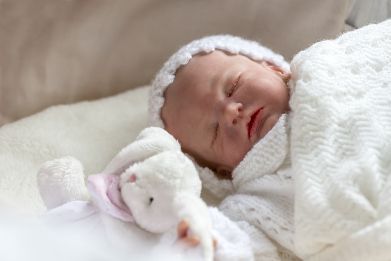 reborn baby girl doll in a cot holding a small toy selective focus to ad copy space