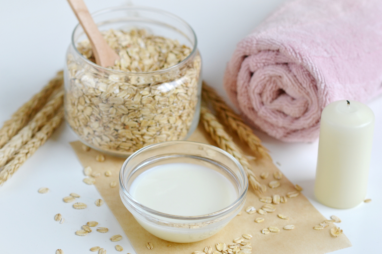 Natural Ingredients for Homemade Body Face Scrub Oat Honey Milk. Beauty Concept. SPA