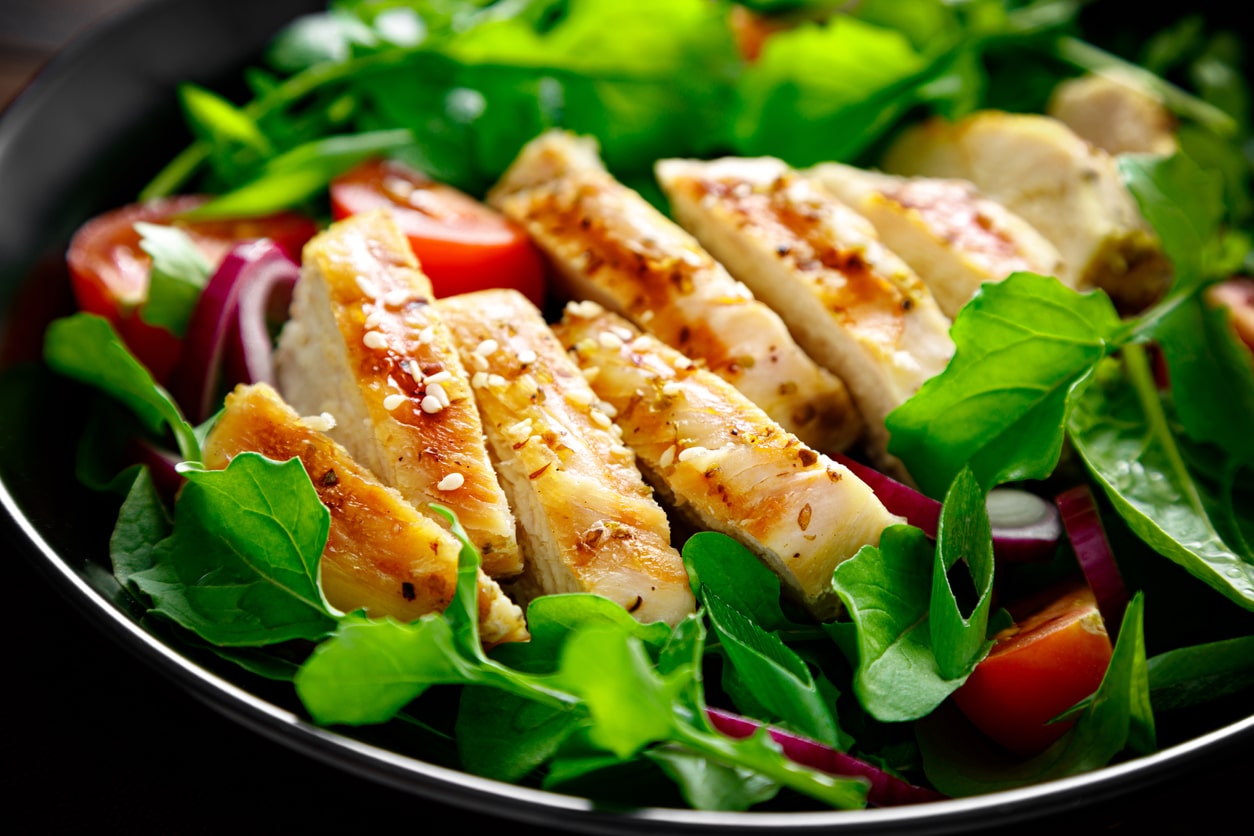 DIY salad with grilled chicken; healthy dinner for postpartum diet