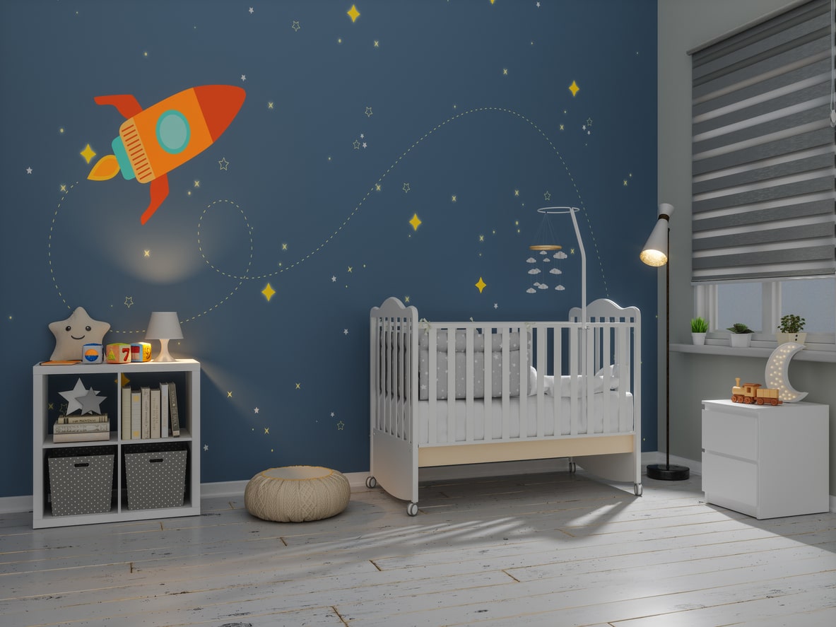 Outer space themed nursery for baby boy.