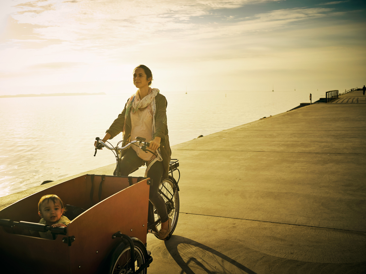 Shot of a young woman going for a bicycle ride with her son in a cart along the promenade