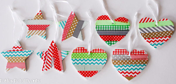 star and heart ornaments made with washi tape