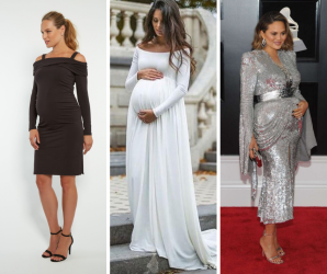 collage of holiday maternity dresses