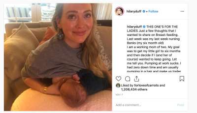screenshot of hilary duff breastfeeding from instagram