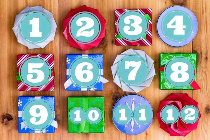 12 mini Christmas gifts boxes labelled 1 through 12
