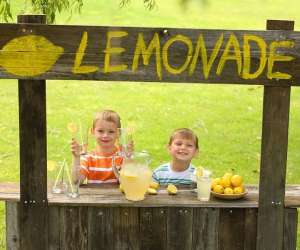 Two young kids running a lemonade stand